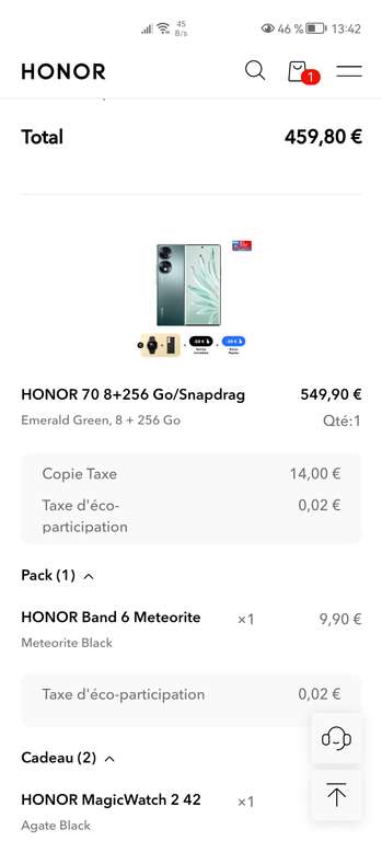 Smartphone Honor 70 (5G, Snapdragon 778G+, RAM 8 Go, 256 Go, 66W) + Montre Honor MagicWatch 2 (42 mm) + Coque (449.9€ via Bonus reprise 30€)