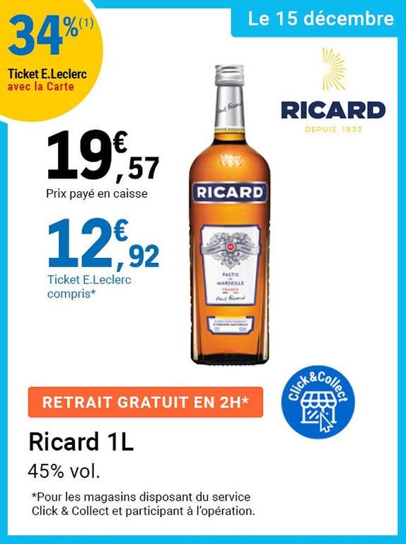 Bouteille de Pastis de Marseille Ricard - 45% vol, 1L (Via 6,65€ sur la carte fidélité)