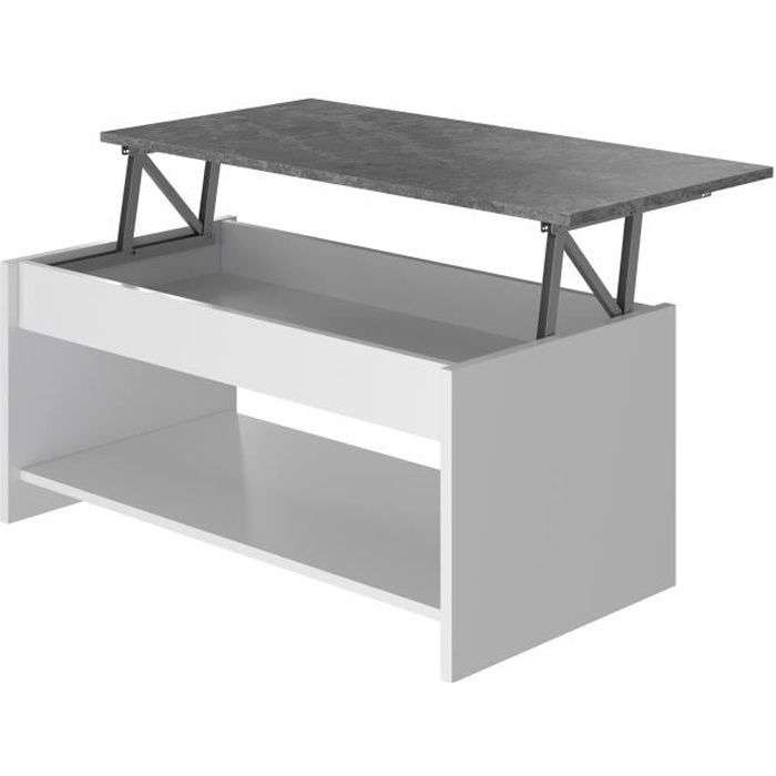 Table basse Happy relevable - Blanc et gris béton, 100 x 50 x 44 cm (+6€ pour les clients CDAV)