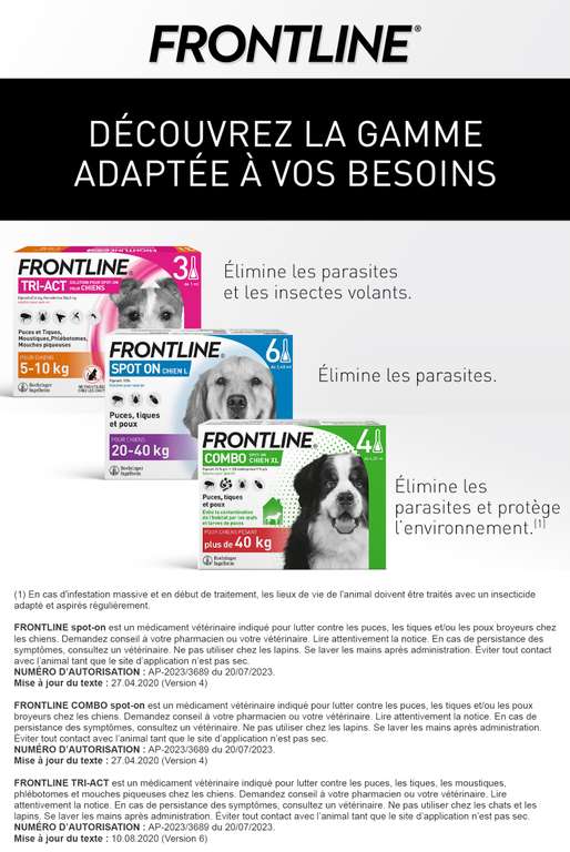 6 Pipettes Frontline Combo Chien - Anti-puces et anti-tiques pour chien - plus de 40kg