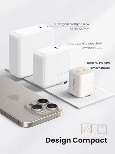 Chargeur secteur Ugreen Nexode - 30W, USB C, Rapide GaN - 5 couleurs au choix (vendeur tiers)