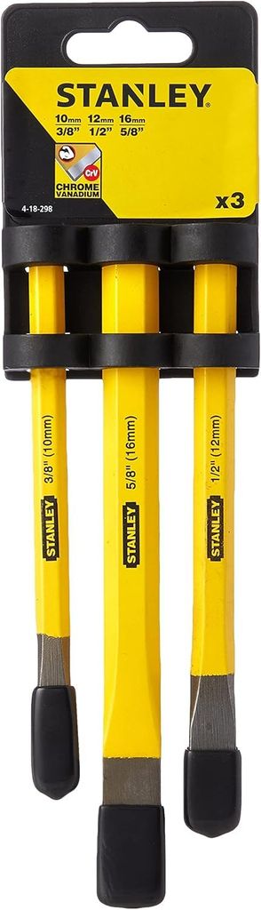 Kit de 3 Burins Stanley 140 x 10 mm, 150 x 13 mm et 170 x 16 mm Acier Chrome Vanadium - Finition en Poudre - Compacts et Legers Jaune/Noir