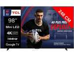 TV 98" Mini-LED TCL 98MQLED80 - QLED 4K, 144Hz, HDMI 2.1, HDR Premium, Dolby Atmos, DTS, FreeSync, ALLM/VRR, Google TV (Via ODR de 300€)