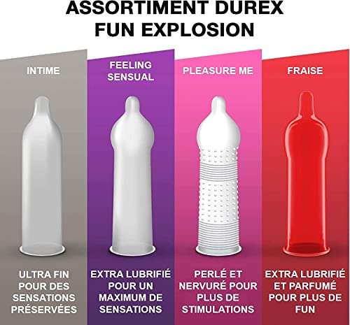 Coffret Durex 40 Préservatifs Fun Explosion + 2 Gels de Massage 200ml Sensuel Ylang Ylang et Douceur Aloe Vera