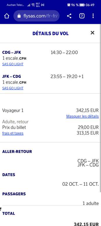Vol Aller/Retour Paris (CDG) <-> New York (JFK) du 2 au 11 octobre avec escale, bagage cabine inclus (flysas.com)