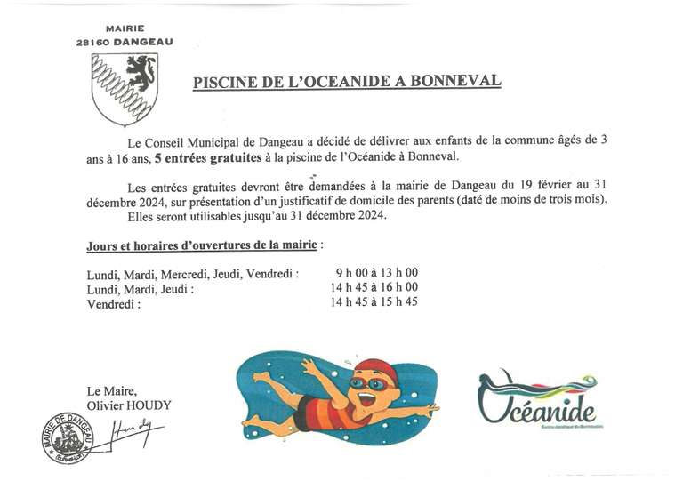 [Habitants] 5 Tickets d'entrée offerts aux enfants de 3 à 16 ans pour la Piscine de l'Océanide du Bonnevalais - Bonneval (28)