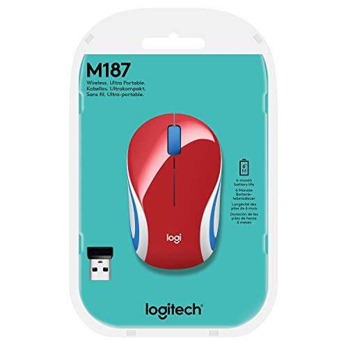 Souris sans fil Logitech M187 rouge - 2,4 GHz avec Récepteur USB, 1000 PPP, Suivi Optique, 3 Boutons