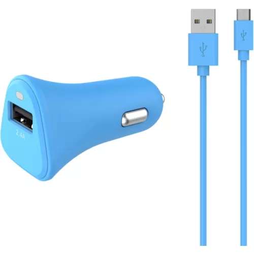 Chargeur allume-cigare Essentielb USB 2,4A + Cable Micro-USB Bleu (retrait magasin)