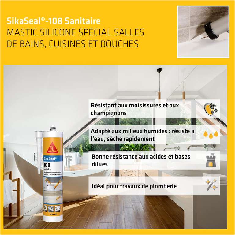 Mastic Cuisine & Bain Anti-Moisissures SikaSeal 108 Sanitaire Blanc -joints silicone sanitaire longue durabilité sur multi-supports, 300ml