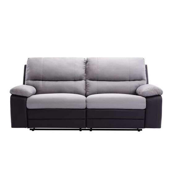 Canapé relax électrique Dustin - 3 places, tissu et simili gris, 207 x 94 x 83 cm