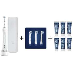 Pack Oral-B : Brosse à dents électrique Pro 2 2500 Sensi UltraThin + 3 Brossettes Sensitive + 6 Dentifrices Nettoyage Intense (75 ml)