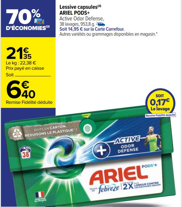 Paquet de lessive en capsules Ariel Pods+ Active - 38 doses, Différentes variétés (via 14,95€ sur Carte Fidélité et ODR 8,54€)