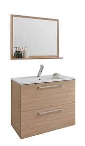 Meuble sous vasque à suspendre Noé (2 tiroirs, 80cm) + Vasque en céramique blanche + Miroir avec tablette