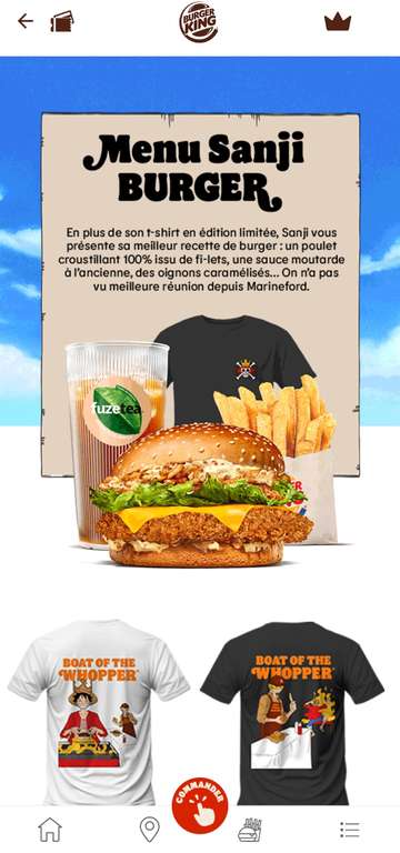 T-shirt collector One Piece offert pour l'achat d'un menu Luffy Burger ou Sanji Burger et cartes pour l'achat d'un menu King junior