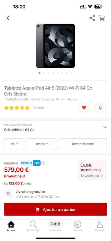 Tablette Tactile 10.9" Apple iPad Air 5 (2022) - Wi-Fi, 64 Go, Gris Sidéral (+117.37€ en RP)