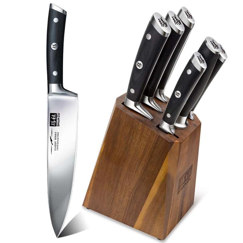 SHAN ZU Ensemble de Couteaux de Cuisine avec Bloc, Set de 14 Couteaux de  Chef Allemands Professionnels avec Affûteur Fusil à Aiguiser