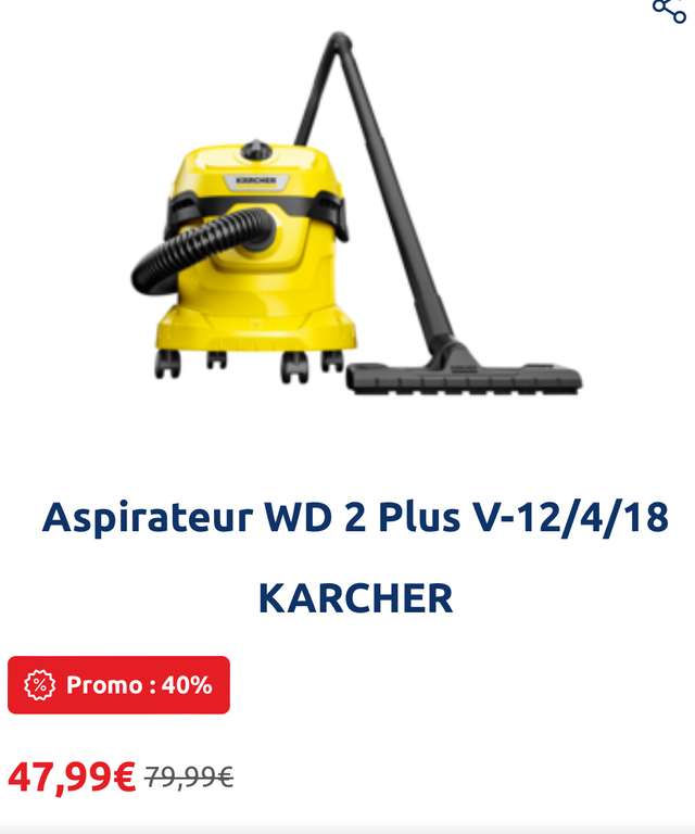 Aspirateur Karcher Eau et Poussière WD 2 Plus - 1000w V-12/4/18