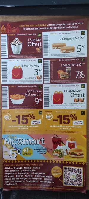 Sélection de coupons promotionnels McDonald's - Ex. : Menu Best-Of à 7,50€ - restaurants participants (Alsace+Moselle+Vosges)