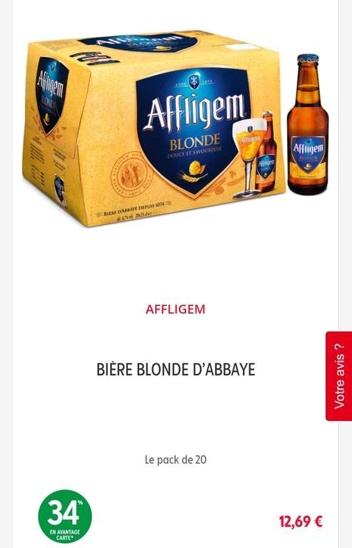 Pack de 20 bières blondes Affligem - 20x25 cl (via 4.31€ sur la carte de fidélité)