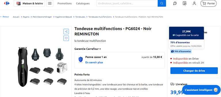 Tondeuse multifonctions cheveux et barbe REMINGTON PG6024 (27,99€ via Carte Fidélité) Montigny Les Cormeilles (95)