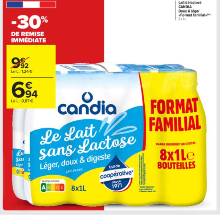 Pack de 8 bouteilles de lait Candia sans lactose - 8 x 1 L (sélection de magasins)
