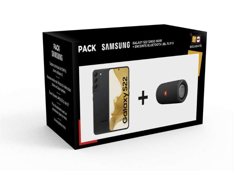 Pack Smartphone 6,1" Samsung Galaxy S22 5G - Double SIM, 128Go, Noir + Enceinte JBL Flip 5 (+ 60€ sur la carte pour les adhérents)