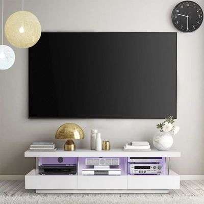 Meuble TV LED contemporain Blue Light - MDF- Blanc laqué brillant - 3 tiroirs - L 160 x P 39 x H 45 cm