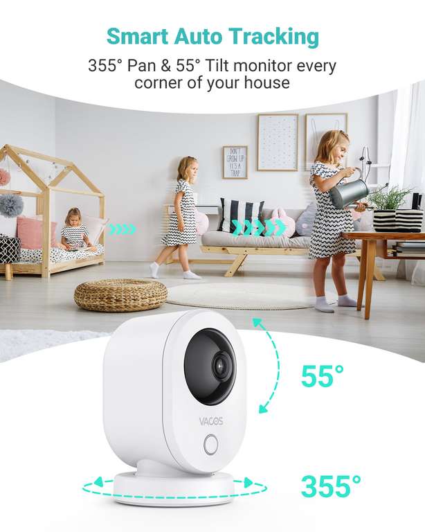 Caméra de surveillance intérieure SANNCE - Pan Tilt, 2K, 3MP, WiFi, Vision nocturne, Détection de mouvement, Compatible Alexa & Google