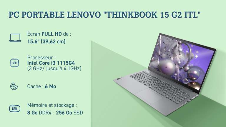 PC portable 15.6" Lenovo ThinkBook 15 G2 ITL - FHD, Intel Core i3 1115G4, 8 Go de RAM, SSD 256 Go