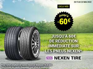 De 20 à 60€ de réduction pour l'achat de 4 pneus Nexen en fonction de la dimension