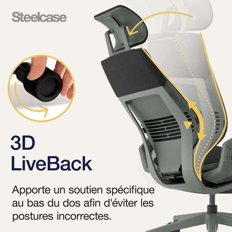 Steelcase Gesture, chaise de bureau ergonomique avec accotoirs à 360°, soutien lombaire 3D Live Back et têtière réglable Onyx (via coupon)