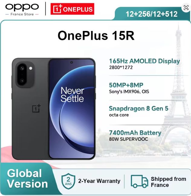 Smartphone 6,8" OnePlus 15R - RAM 12 Go, 256 Go, Version Globale — promo Tech