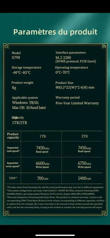 SSD NVMe M.2 Fanciang S790 - 1To avec dissipateur (compatible PS5), Jusqu'à 7450-6750Mo/sec