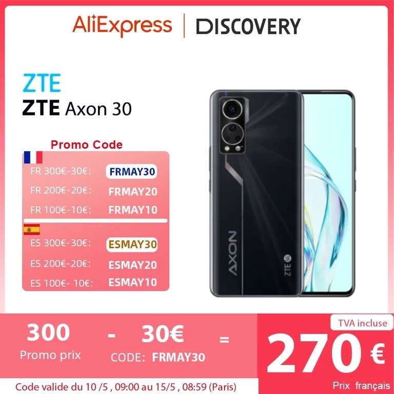 Smartphone 6.92" ZTE Axon 30 5G - Snapdragon 870, AMOLED 120 Hz, 12 Go RAM, 256 Go, noir