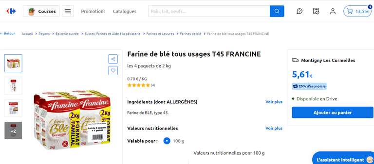 Lot 4 paquets de 2 kg de farine de blé tous usages Francine T45 (via 1,12€ de cagnotte fidélité) - Carrefour Montigny (95)