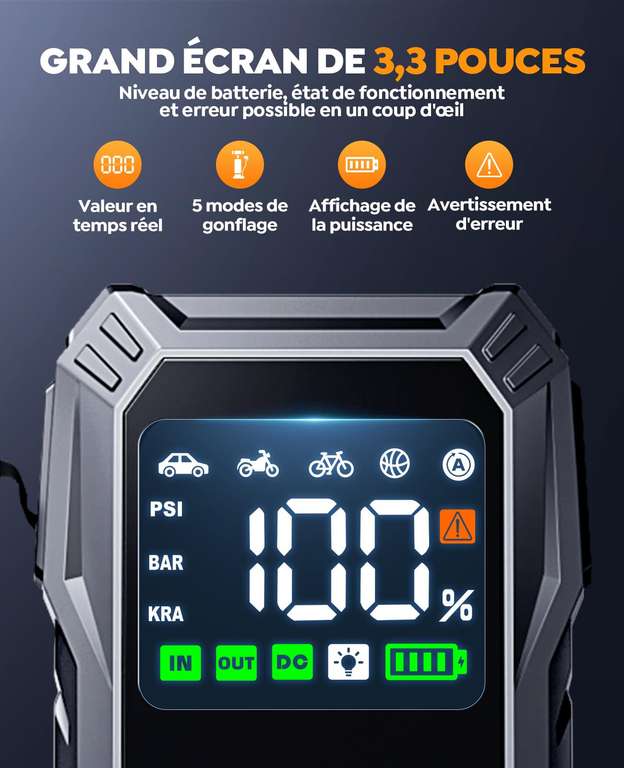 Booster Batterie Voiture 6000A Avec Compresseur Air 150 PSI – Jump Starter 12V, 23800 MAh, Lampe LED 500 Lumens, Pour Véhicules Essence/Diesel Jusqu’à 10L - 13