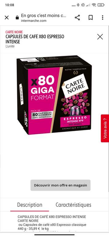 Boîte de 80 capsules de café Carte Noire - Différentes variétés, 440g