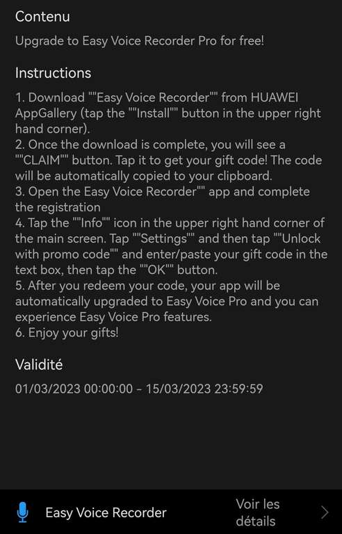 Version Pro gratuite pour Easy Voice Recorder sur Huawei (via AppGallery)