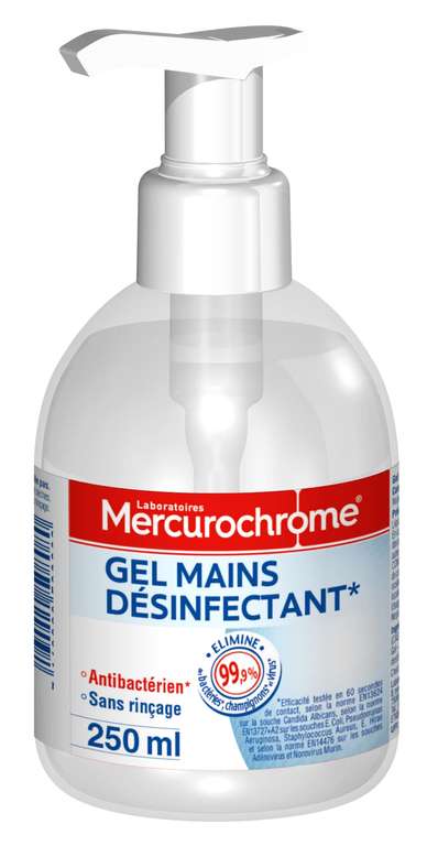 Gel Mains Désinfectant Hydroalcoolique Mercurochrome - Antibactérien, Sans rinçage, Format Familial 250 ml (via coupon Prévoyez économisez)