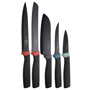 Lot de 5 couteaux de cuisine Infinity Chefs Essence: 1 Santoku, 1 filetateur, 1 couteau à pain, 1 couteau éplucheur et 1 couteau à viande.