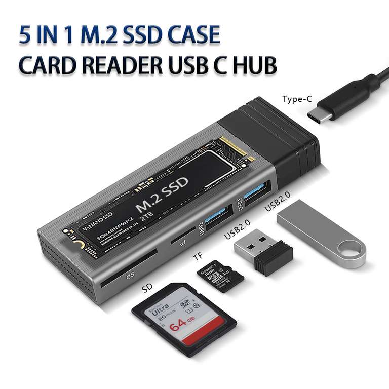 Hub USB-C avec emplacement pour SSD M.2 NVMe NGFF - Lecteur carte SD/TF, 2x USB 2.0 (Via l'application)