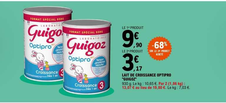 Lot de 2 boîtes lait croissance Guigoz Optipro Croissance 3 - 2 x 930 g