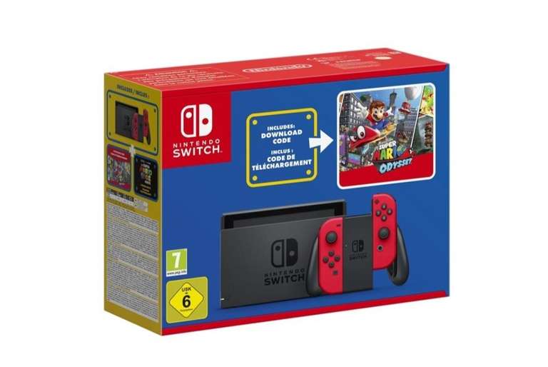 Console Nintendo Switch Rouge + Code de téléchargement Super Mario Odyssey + Autocollants Super Mario Bros Le film