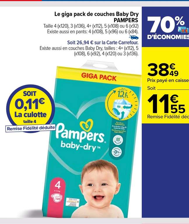 Sélection de couches en promotion - Ex : Pampers Baby Dry Giga Pack - différentes quantités et tailles (via 26.94€ sur la carte de fidélité)