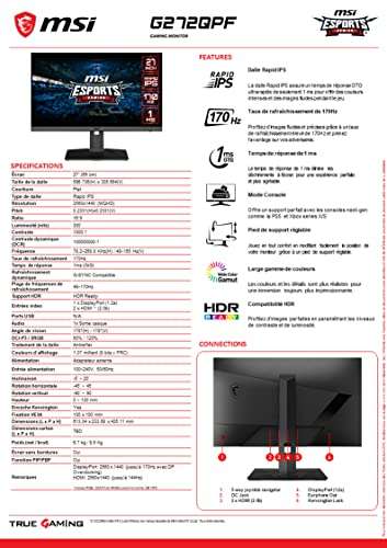 Écran PC 27" MSI G272QPF - WQHD, Rapid IPS, 170 Hz , 1ms, G-Sync, Night Vision, Réglages socle, Rotation, Inclinaison, Hauteur • Pivot