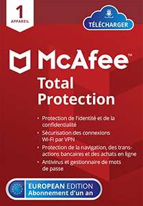 Licence de 12 Mois pour Mcafee Total Protection 2022 - 1 Appareil, Antivirus, Sécurité, Gestionnaire de Mots de Passe (Dématérialisé)