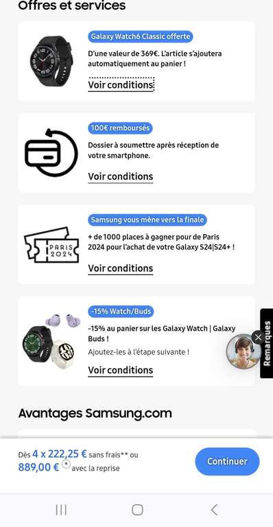 Smartphone Samsung S24+ (ultra) 256Go + Montre connectée Galaxy Watch6 (via 100€ ODR)