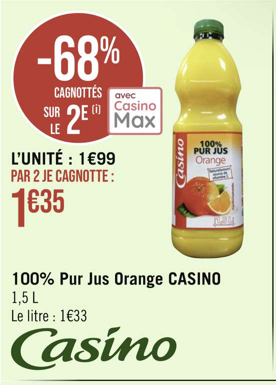 Lot de 2 Bouteilles de Jus d'orange Pur Jus Casino - 2x1.5L (Via 1.35€ sur la carte de fidélité)