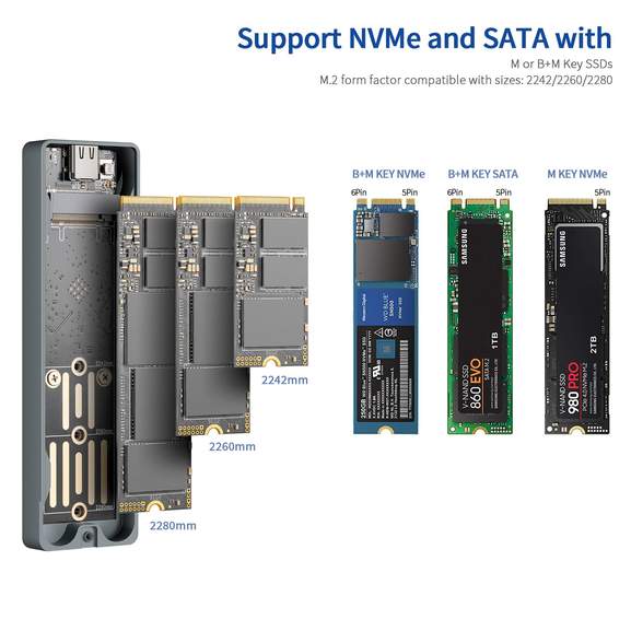 Universal - Boîtier SSD 10 Gbit/s NVMe M.2 B Clé SATA vers USB C 3.1 USB  3.02 Adaptateur 1 Câble sans fil Dongle M.2 PCIe Disque dur Boîtier
