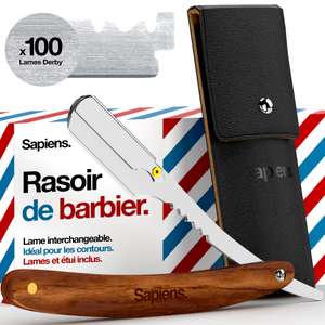 Rasoir Barbe Coupe Choux Sapiens Barbershop + 100 Lames Derby + Pochette de Transport, Lame Interchangeable, Wood Edition (vendeur tiers)